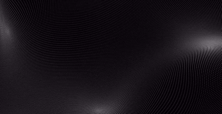 Black background with a flowing wave of small white dots forming a mesh-like abstract pattern.