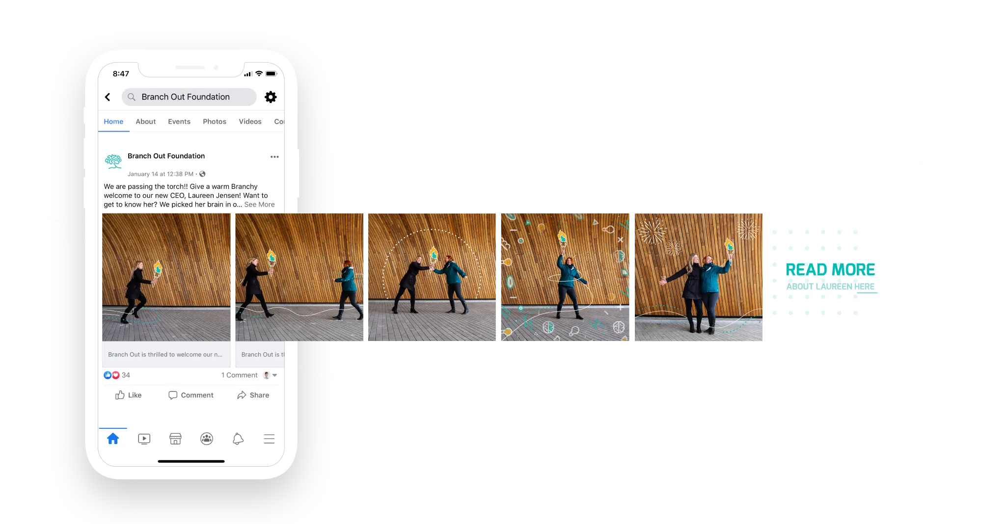 a phone with social media slides coming off screen to the right showing a torch being passed