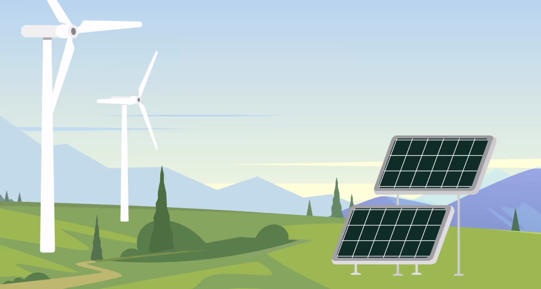 an illustrated scene of a hillside with windmills and solar panels