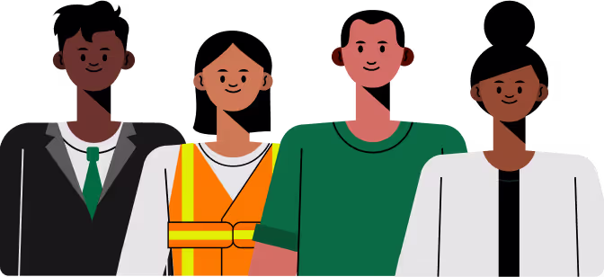 a group of four diverse illustrated characters wearing different outfits
