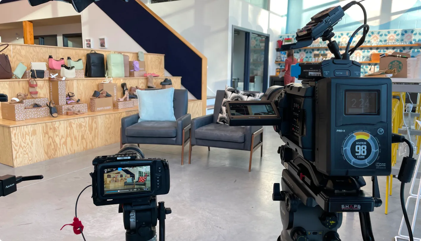 2 chairs are set up in front of a camera