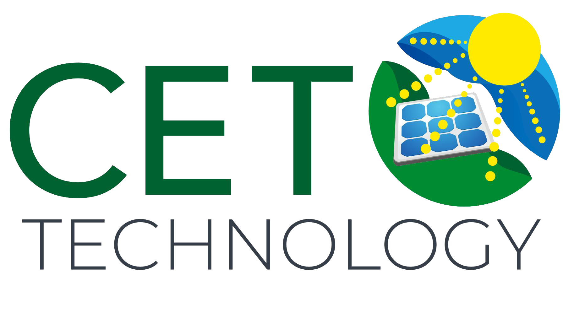 Logo von CET Technologie: Grüne Schrift mit Sonnen- und Solarpanel-Elementen, die eine umweltfreundliche Energietechnologie symbolisieren.