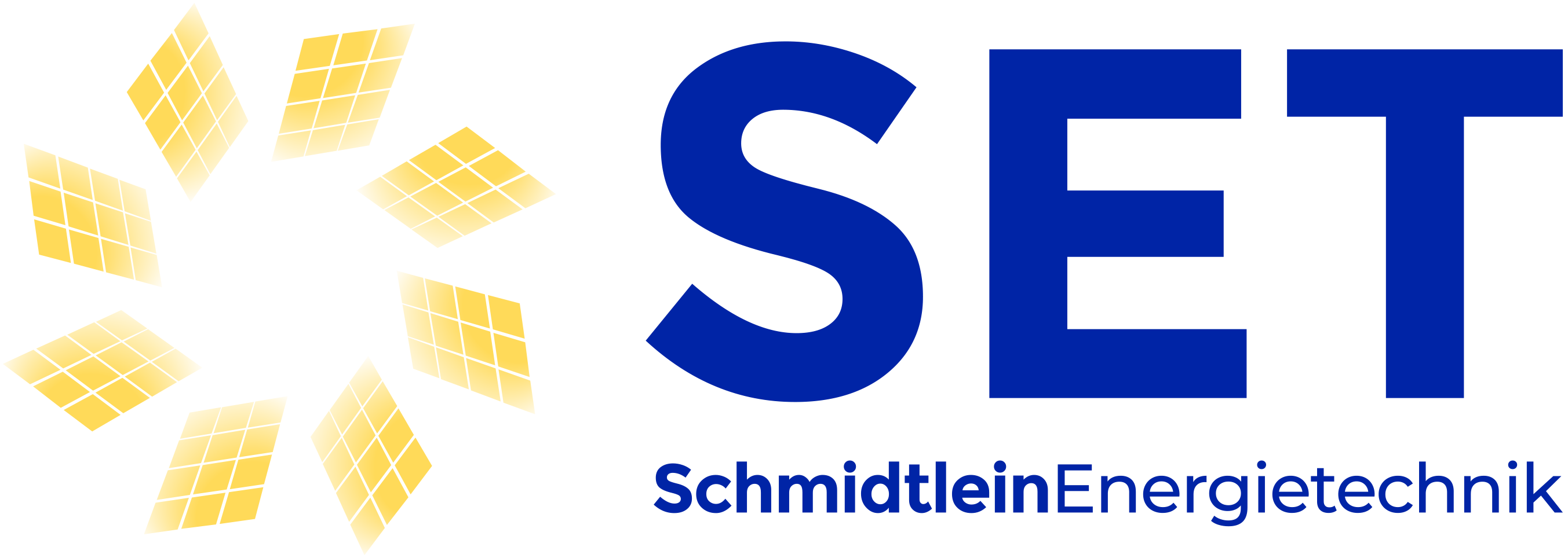 Logo der SET, bestehend aus einem gelben, stilisierten Sonnenstrahlen-Muster links und dem Schriftzug 'SET' in blauer Farbe rechts, unter dem ein Slogan in kleinerer Schrift steht.