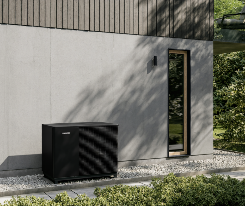 Wärmepumpe vor einem neuen modernen Haus