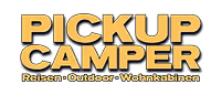 Textlogo mit den Worten 'PICKUP CAMPER' und 'Reisen · Outdoor · Wohnkabinen' in gelber Schrift auf schwarzem Hintergrund.