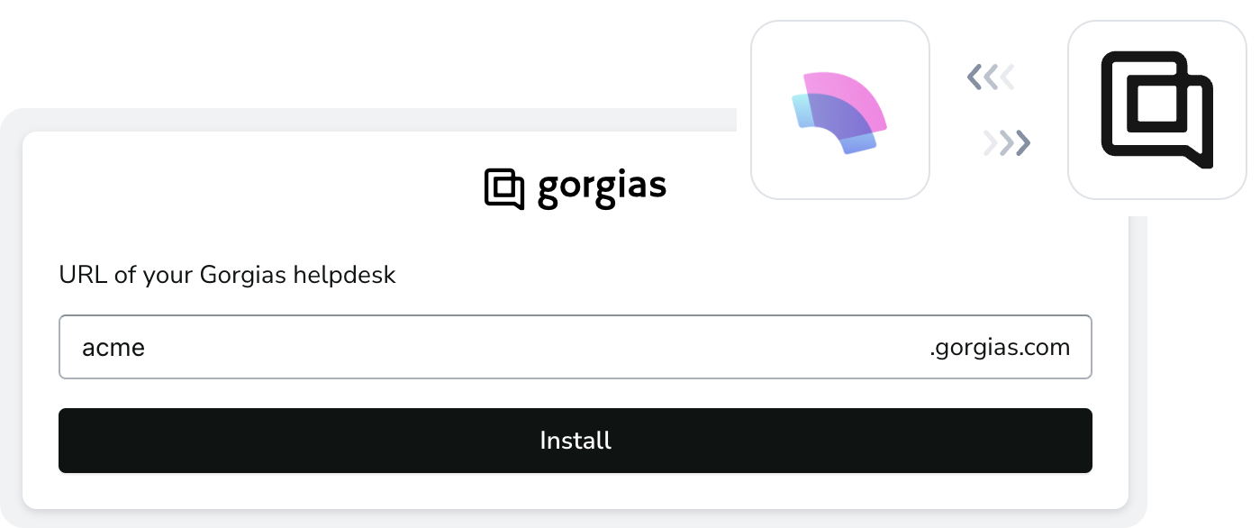 A bar to enter your URL in order to install the Gorgias integration, with a black install button underneath. Above, the Influence and Gorgias logos in bxes, with arrows pointing from one to another.