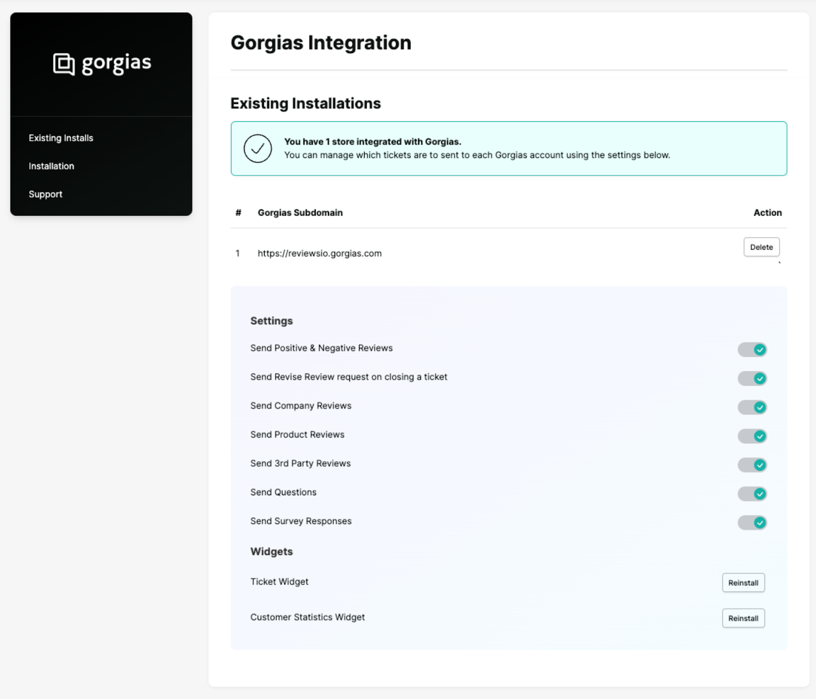 A screenshot of the REVIEWS.io dashboard showing a list of the settings for the Gorgias integration.