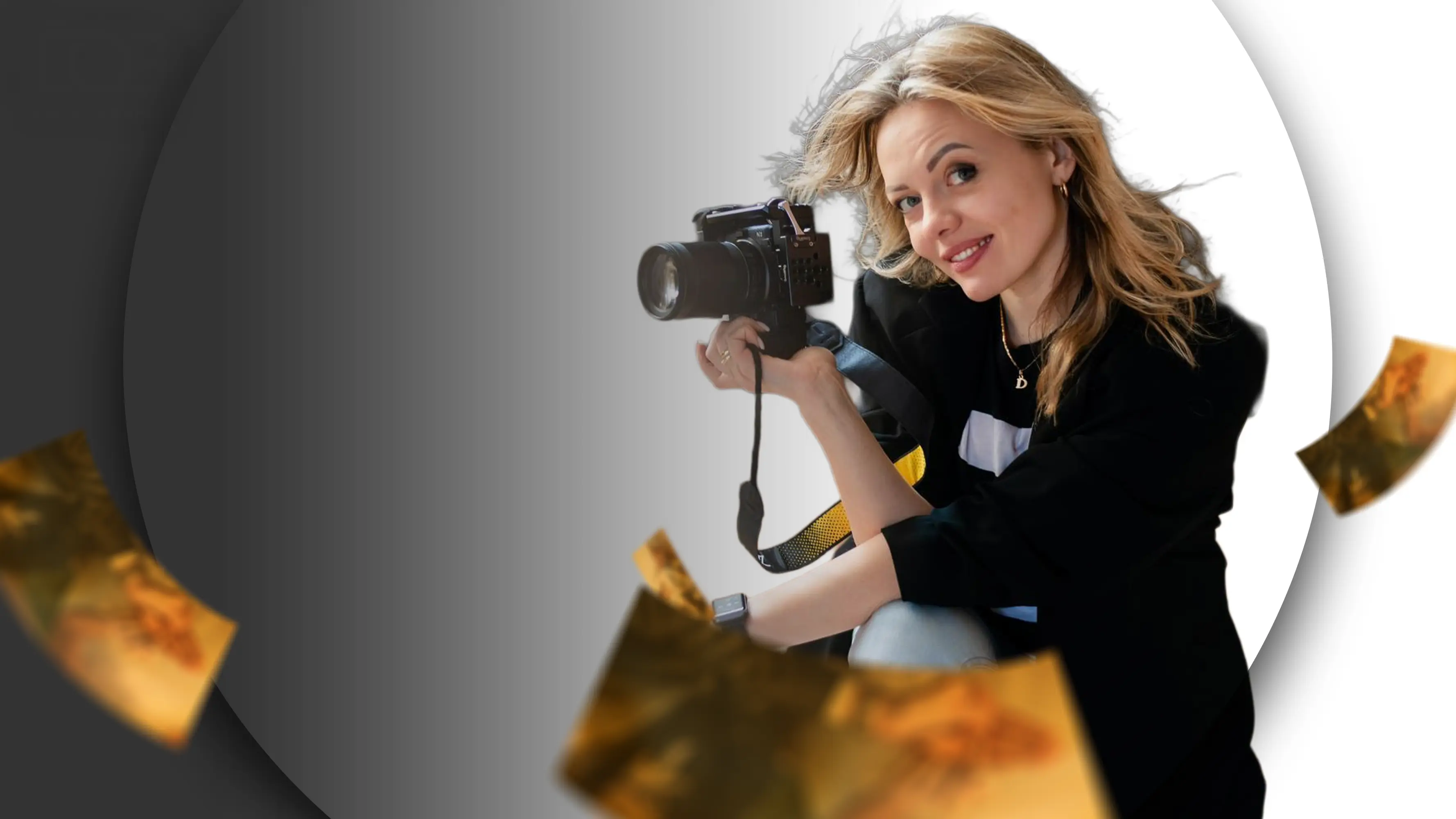 Professionelle Fotografin mit Kamera, dynamische DG Business Fotos