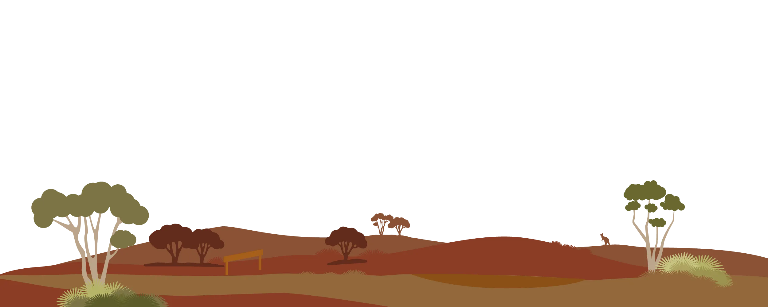 Illustration of a dry, red desert landscape with scattered trees and shrubs under a clear sky.
