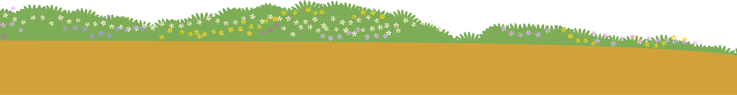 Illustration of a field with green grass and small purple, white, and yellow flowers along the horizon.