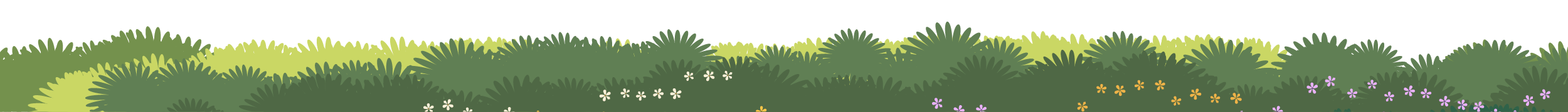 Illustration of stylized shrubbery with various shades of green leaves and small white, orange, and purple flowers.