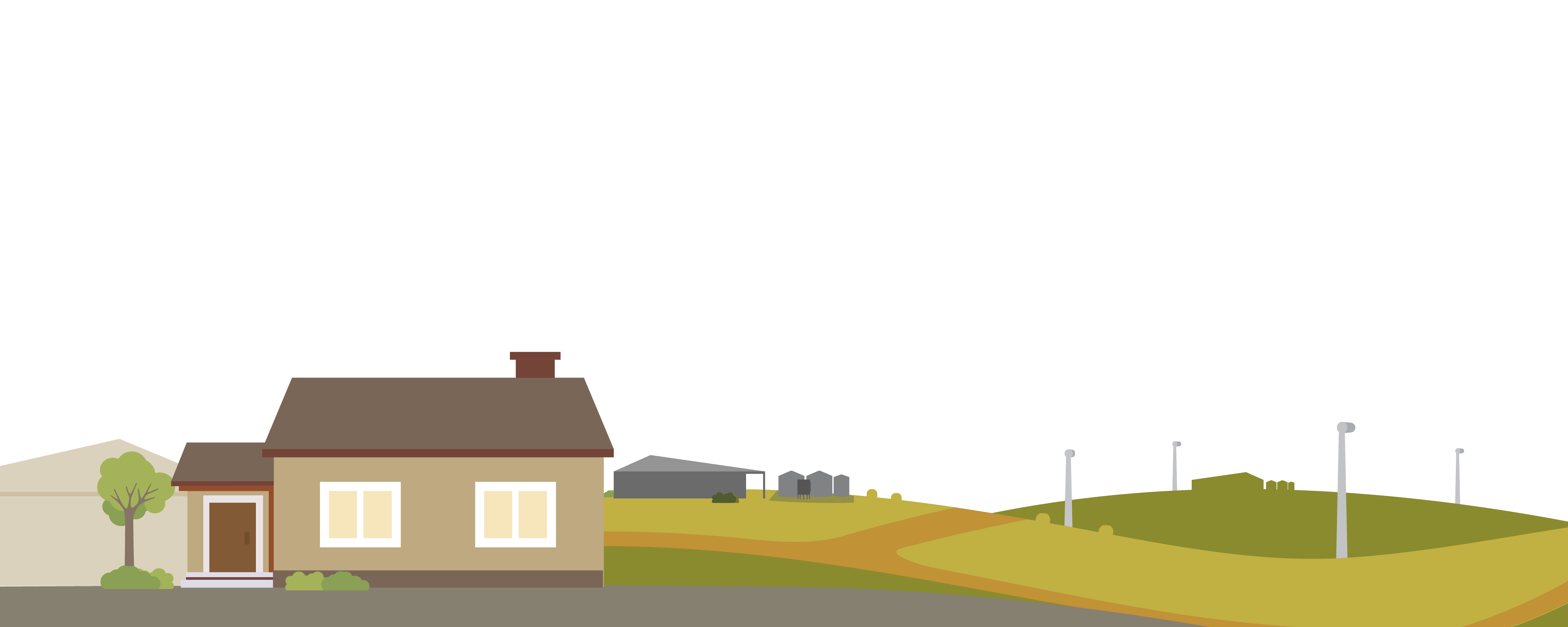 Illustration of a farmhouse with a garage, tree, and bushes in the foreground, rolling hills, sheep, farm buildings, and utility poles in the background under a sky with clouds.