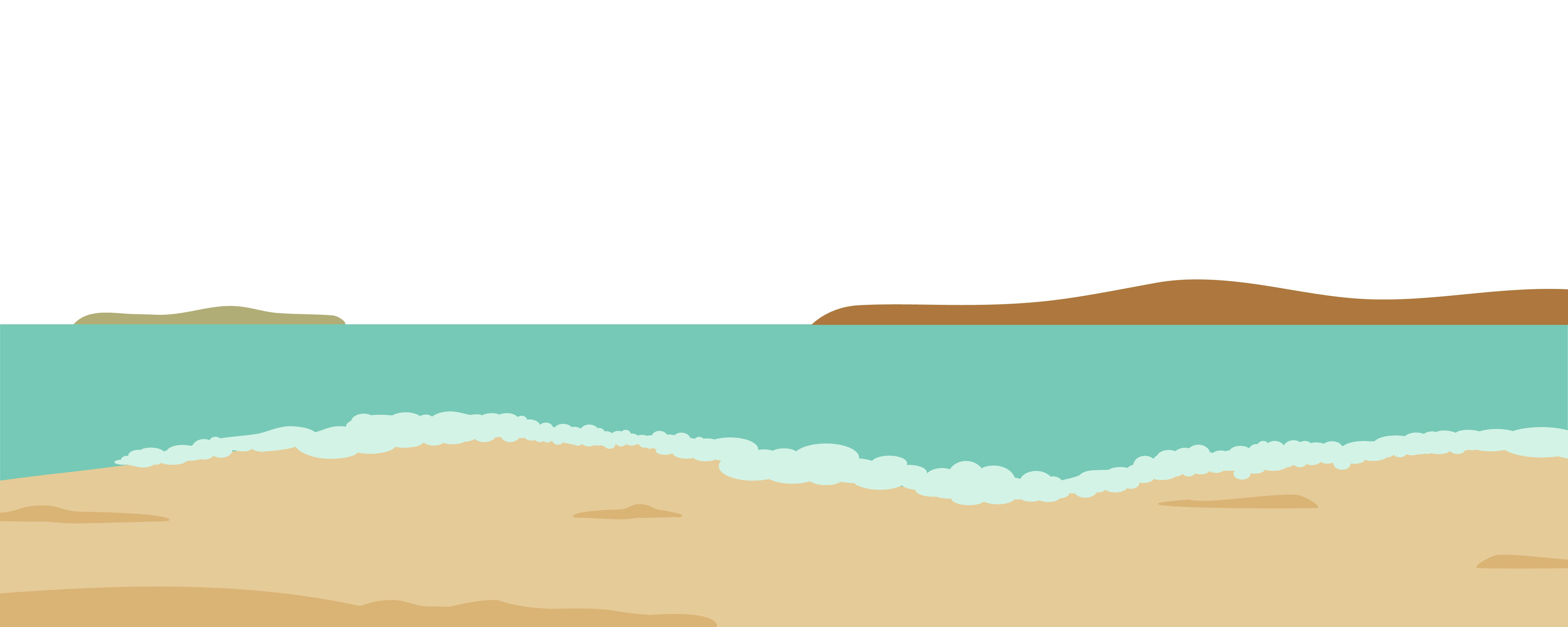 Minimalist coastal scene with sandy beach, turquoise water, small islands, and a few white clouds in a black sky.