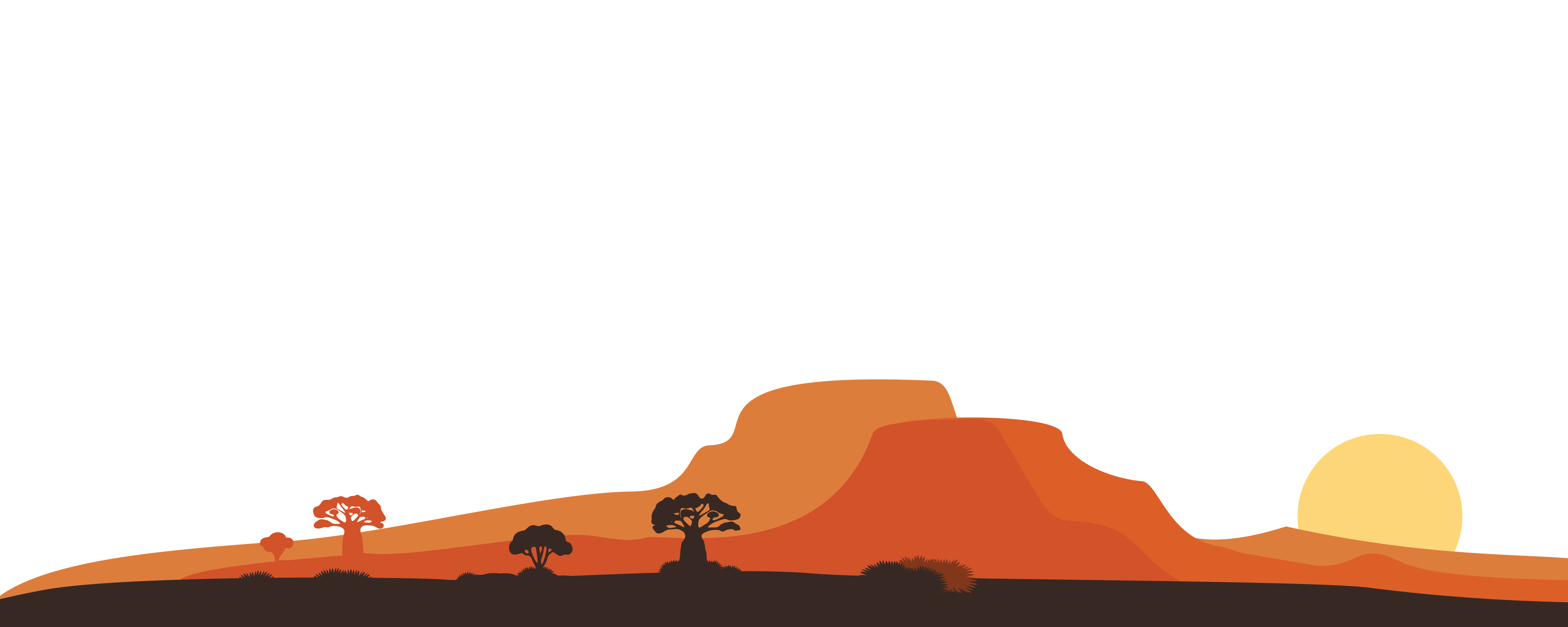Silhouette of baobab trees and shrubs against an orange desert mesa with a setting sun.