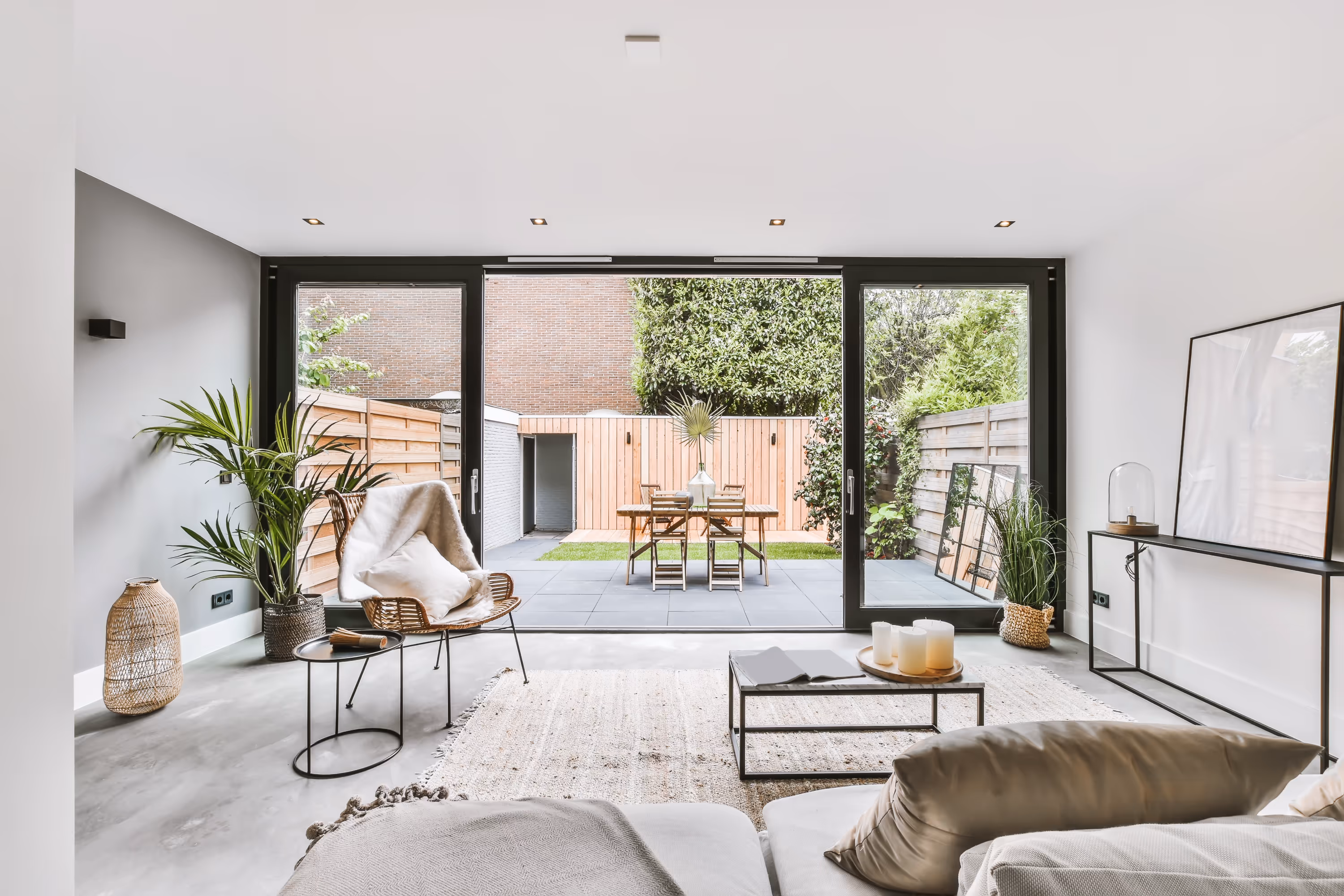 Stijlvolle living room met een beige sofa en een schuifdeur naar een terras en tuin.