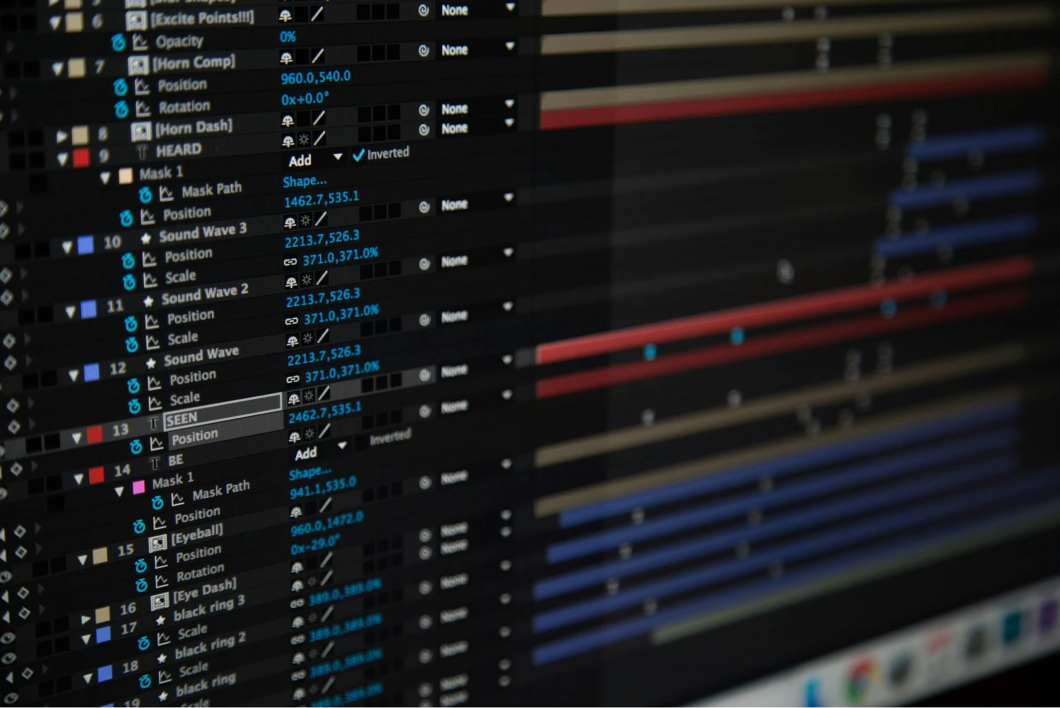 Layers in After Effects showing the different compositions and keyframes