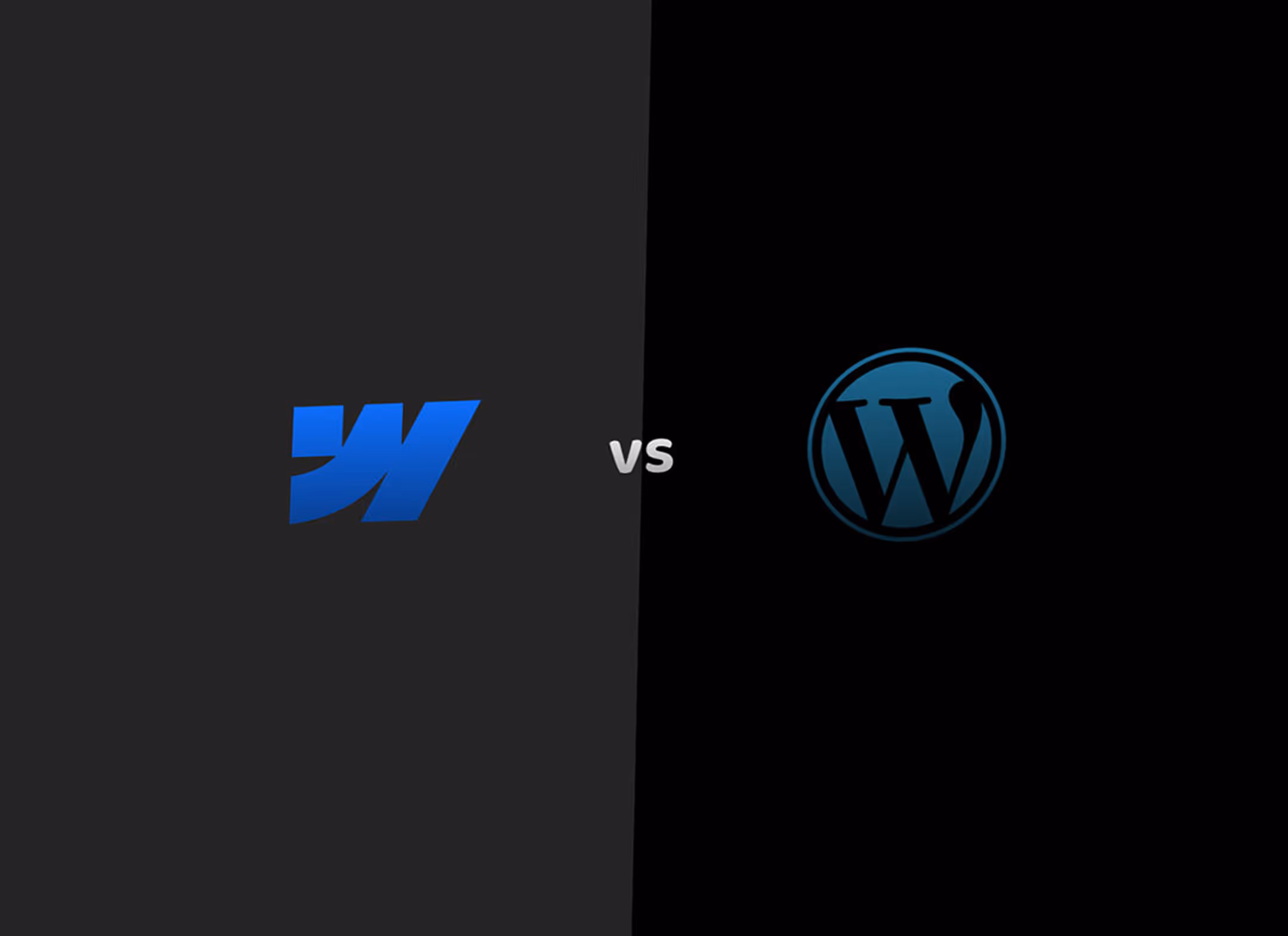 Porównanie platform Webflow i WordPress. Widoczne logo Webflow po lewej i logo WordPress po prawej, z napisem "vs." pośrodku. Grafika ilustrująca wybór platformy do budowy strony internetowej.