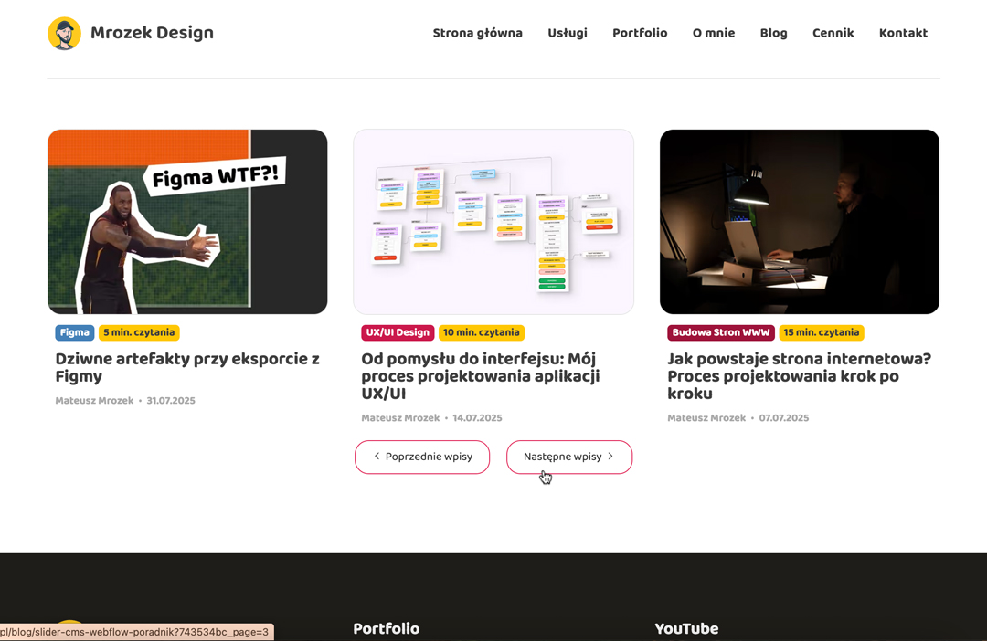 Widok ekranu z blogiem Webflow po kliknięciu paginacji