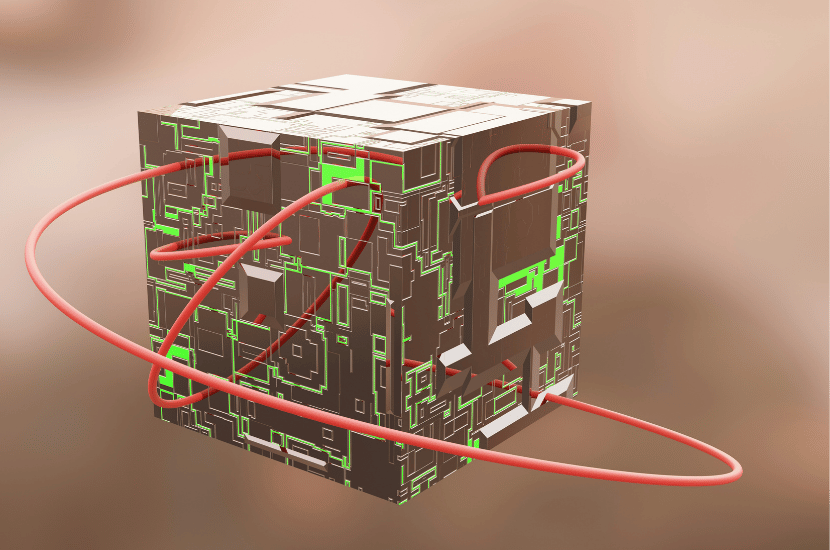 A futuristic cube-shaped circuit board with glowing interconnected lines, symbolizing advanced artificial intelligence research and neural network technology.