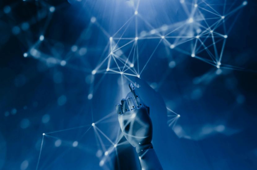 A robotic hand straining against a tangled web of digital connections, symbolizing the challenges of AI integration and complex neural network development.