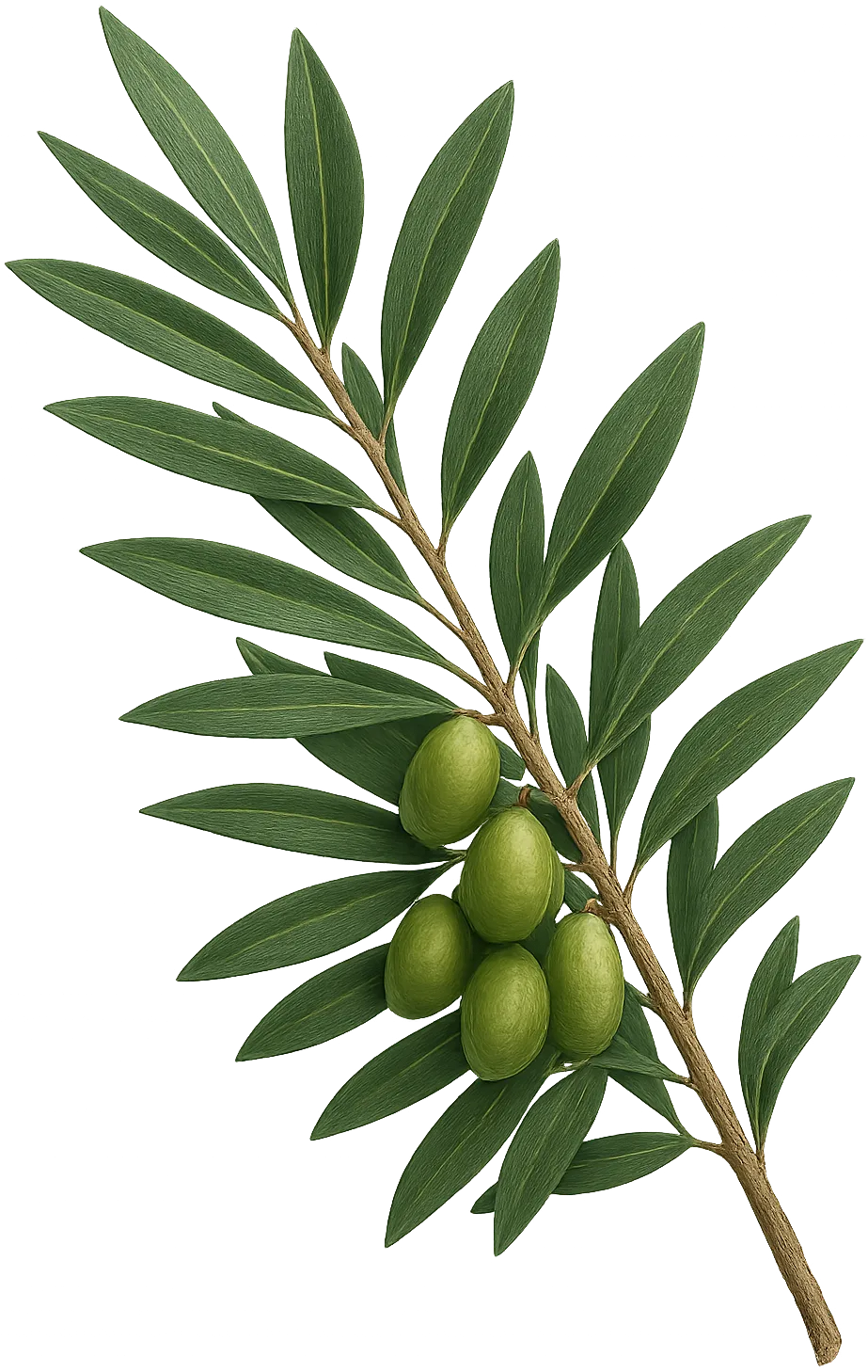 Green olive branch with ripe olives on a white background