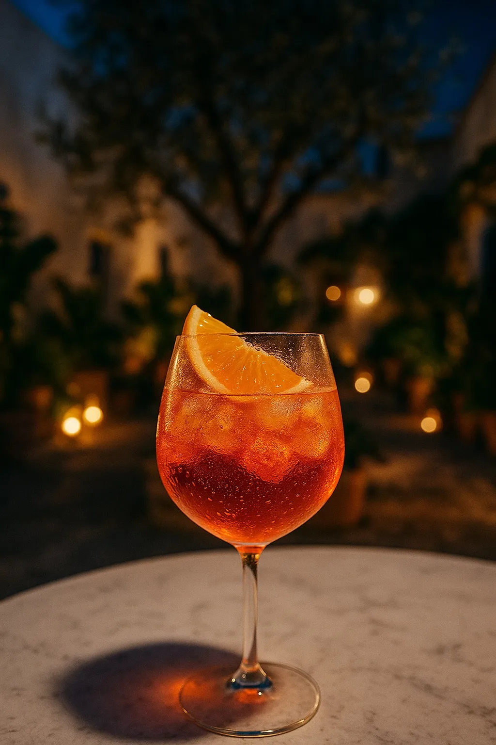Aperol Spritz cocktail with orange slice on evening outdoor table