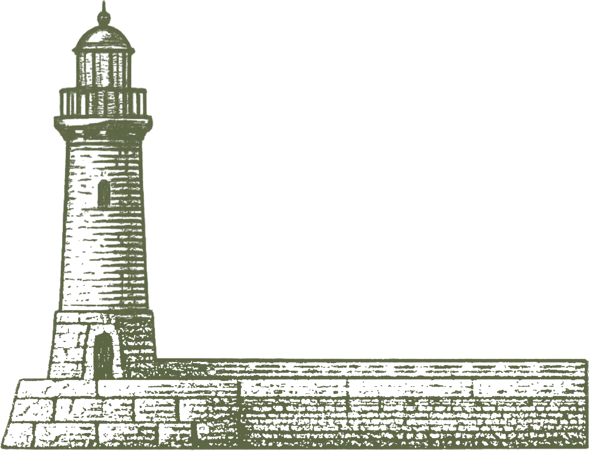 Vintage sketch of a tall lighthouse with stone base and small entry door
