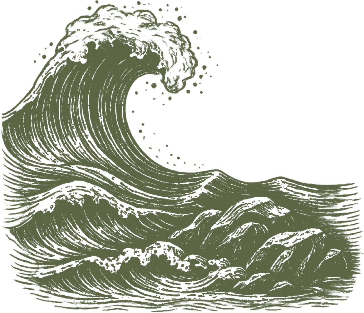 Vintage engraving of a powerful ocean wave crashing with spray