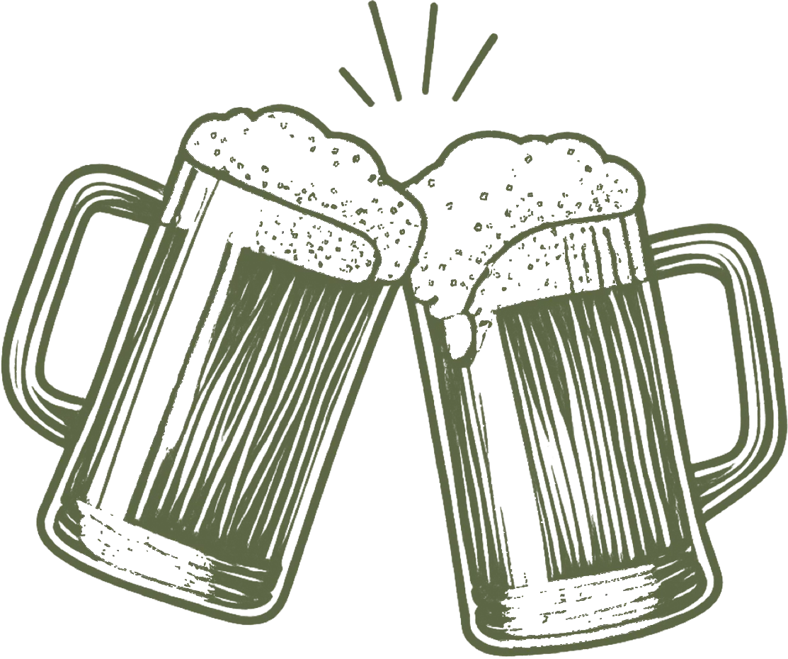 Two beer mugs toasting with foamy heads, vintage sketch style