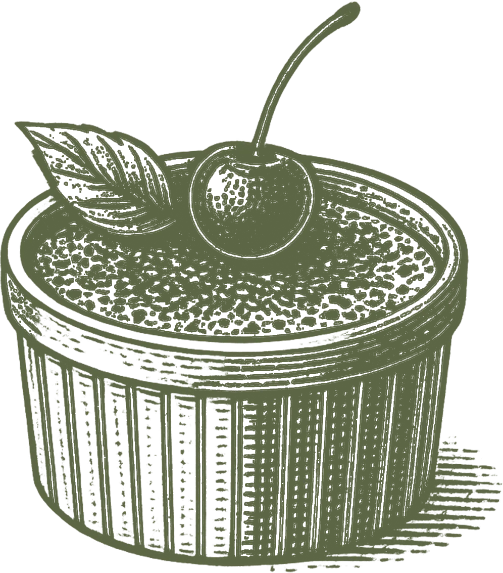 Vintage illustration of a cherry-topped chocolate soufflé dessert