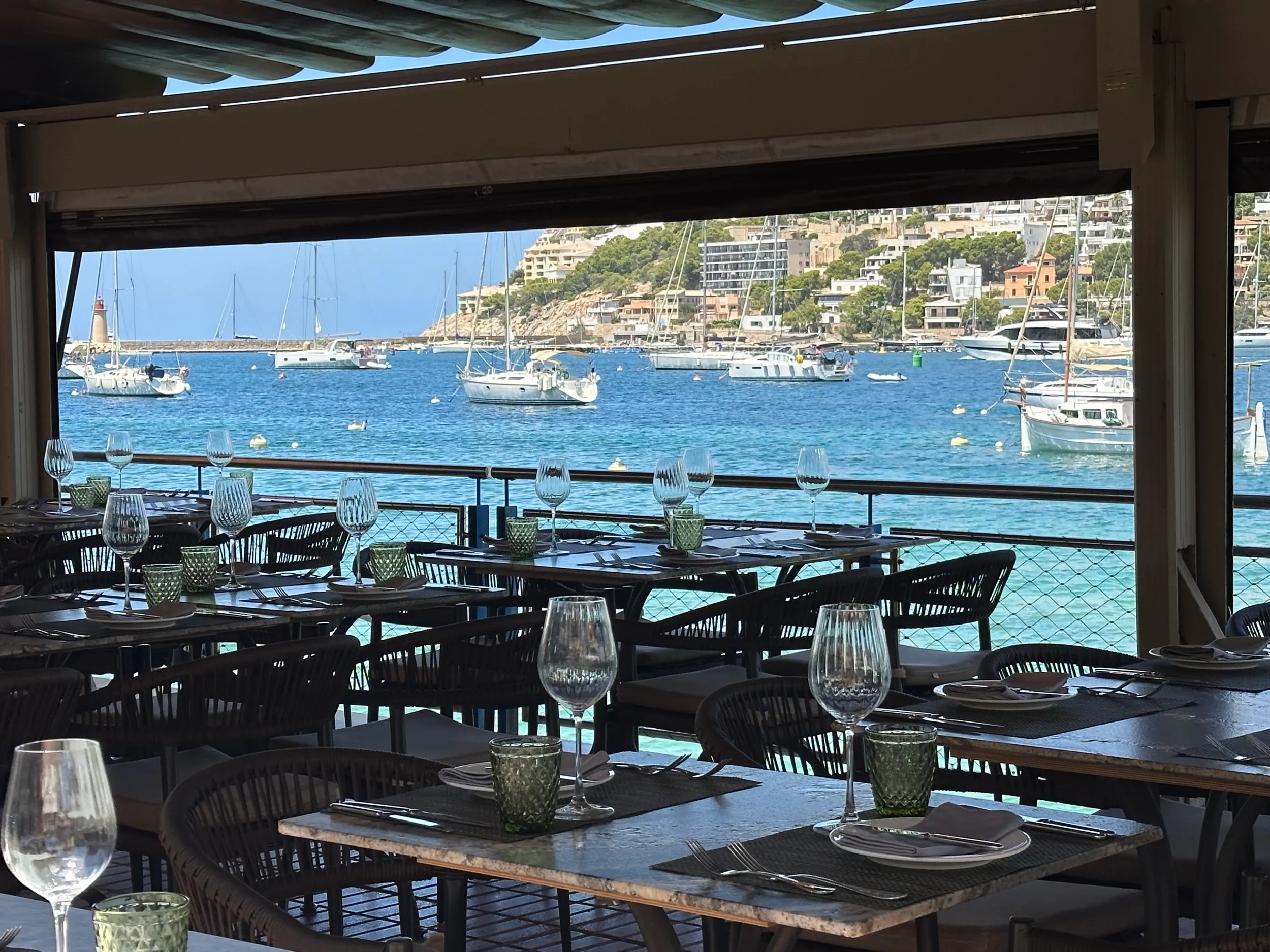 Restaurant table with marina view, sailboats, and coastal buildings in background