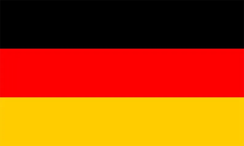 Horizontal tricolor flag with black, red, and gold stripes representing Germany.