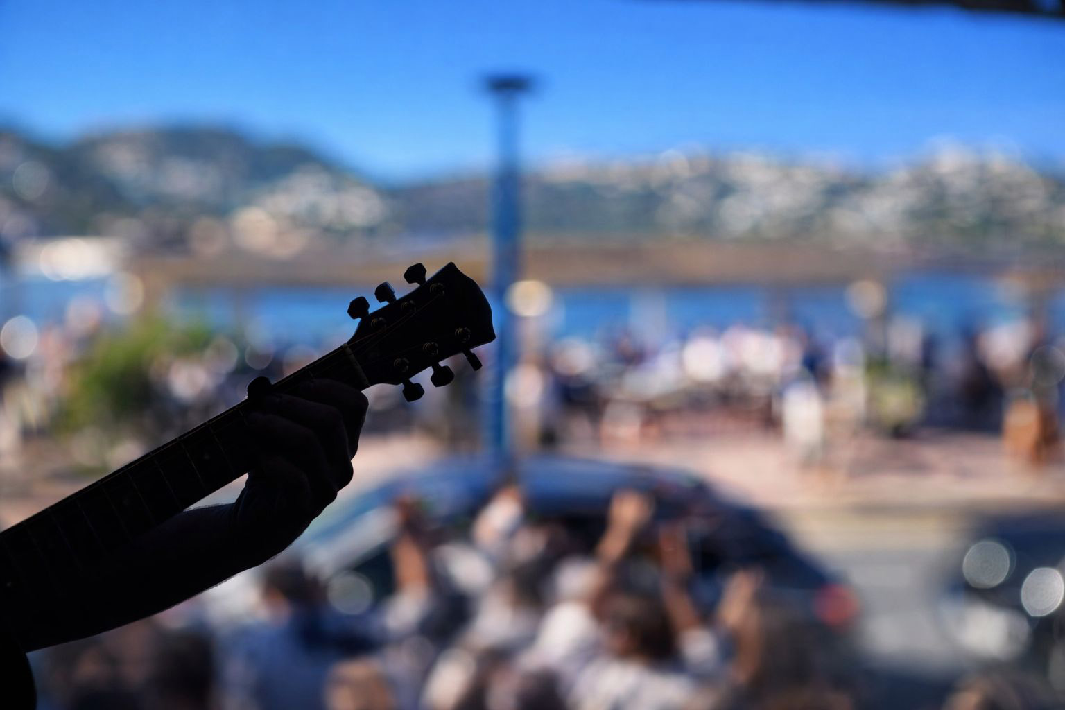 Silhouette of a hand playing a guitar with a blurred outdoor crowd and blue sky in the background.
