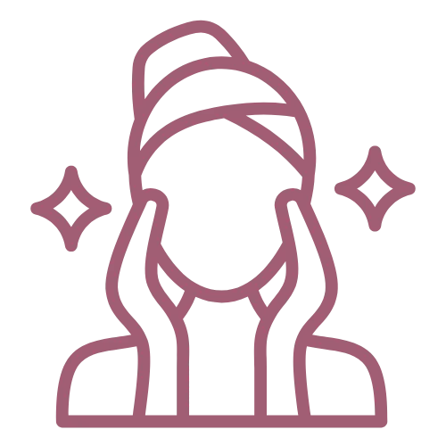 Icon eines Gesichts mit Handtuch und funkelnden Sternen – Symbol für Wellness und Entspannung.