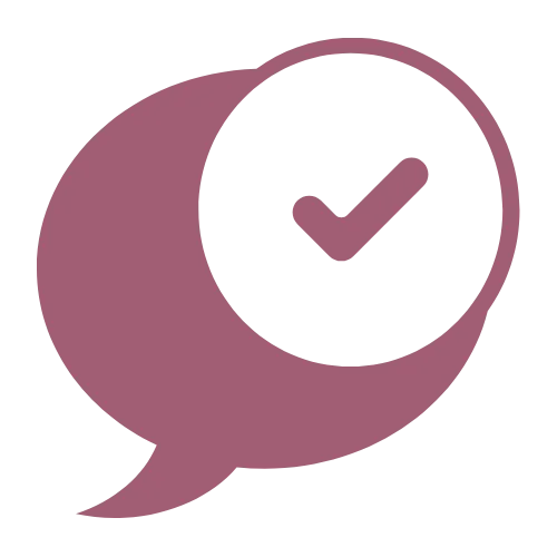 Icon einer Sprechblase mit Haken – Symbol für Feedback, Austausch und Bestätigung.