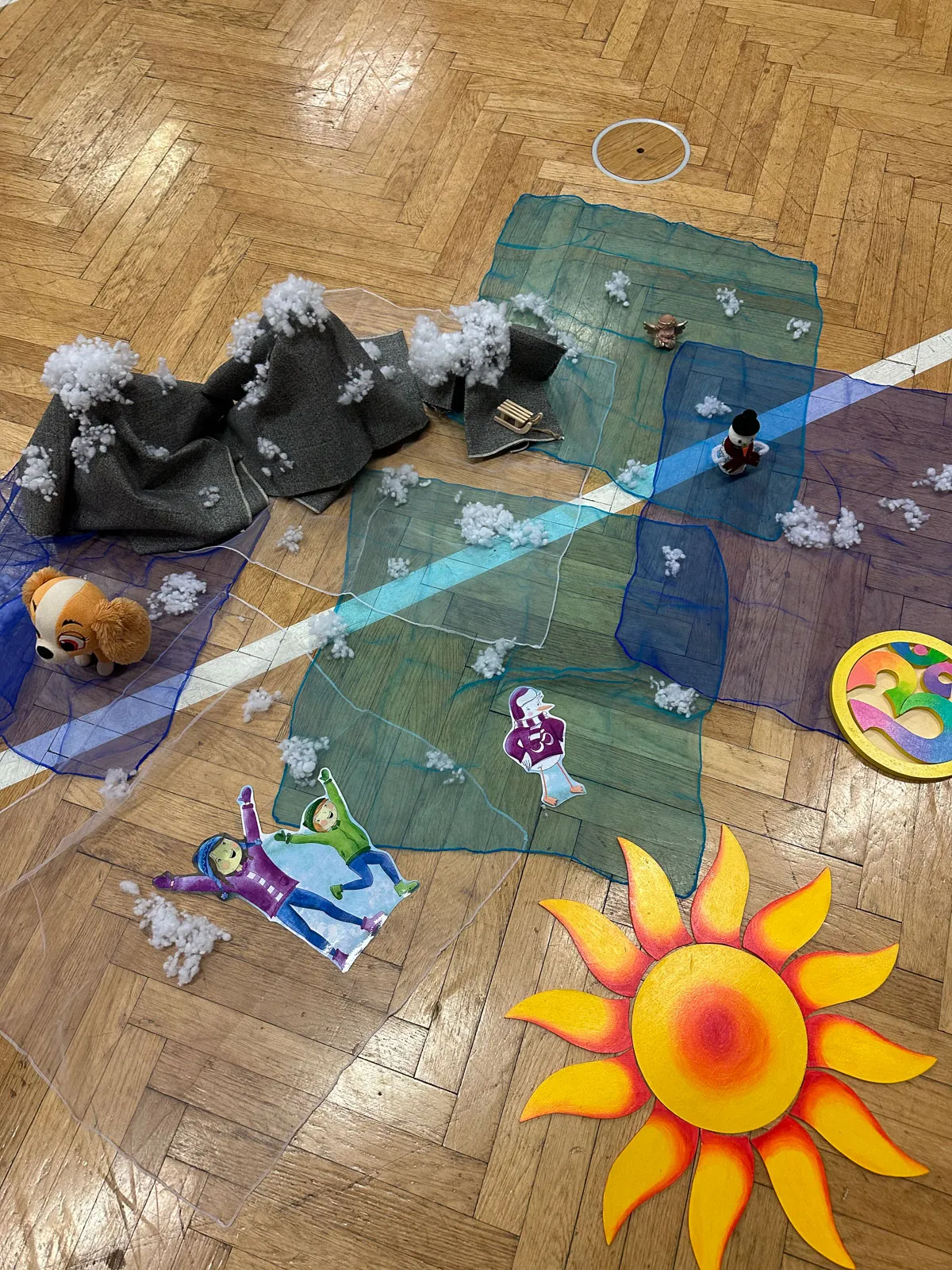 Vorbereitung einer Winterlandschaft mit Tüchern, Kunstschnee und weiteren Utensilien für eine Kinderyoga EInheit