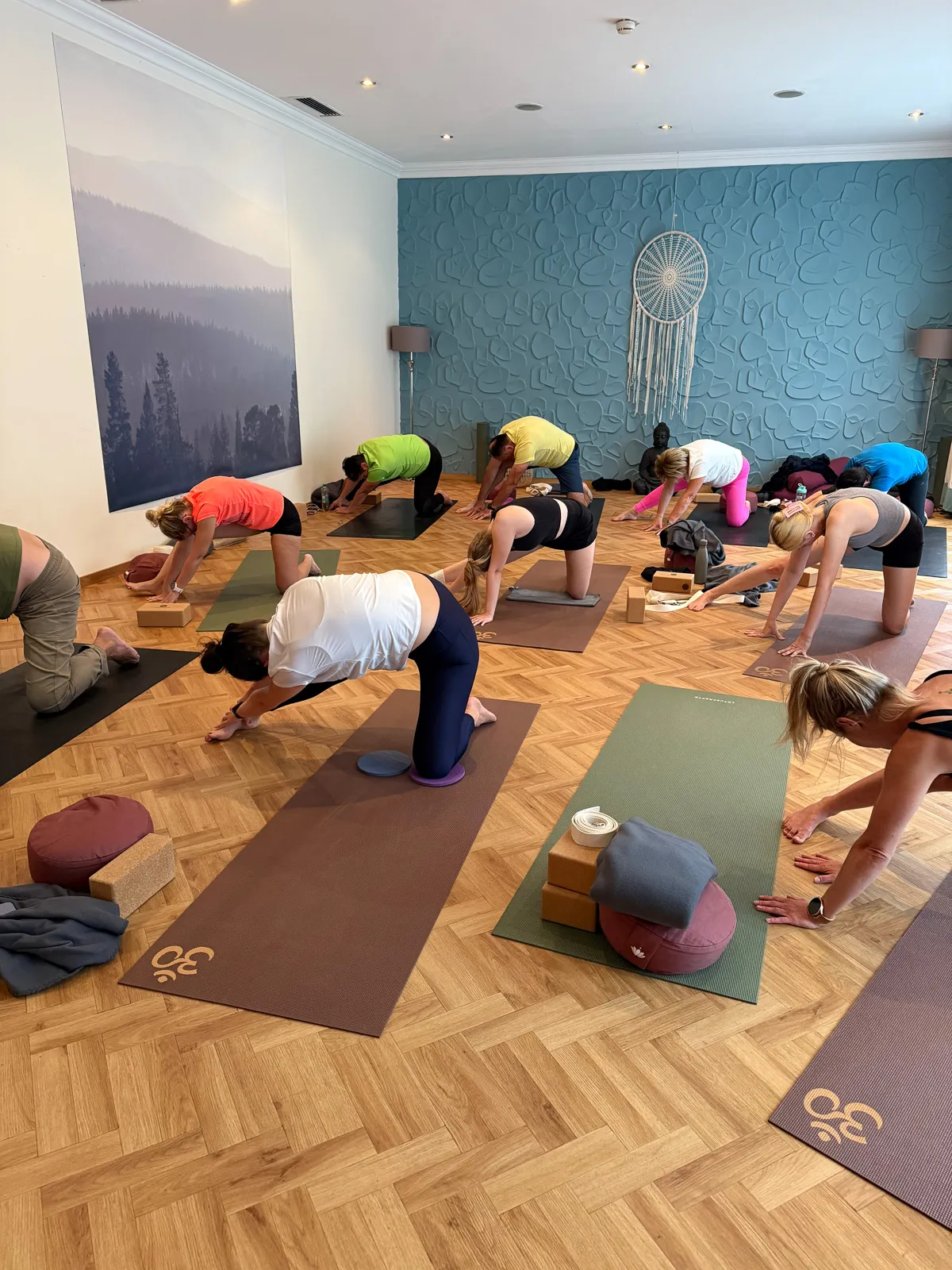 Gruppe beim Yoga-Retreat im Yogaraum, Teilnehmende üben achtsam auf Matten.