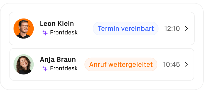 Von AI Frontdesk erledigte Anrufe werden angezeigt. 1. Ein Termin wurde vereinbart. 2. Anruf wurde weitergeleitet.