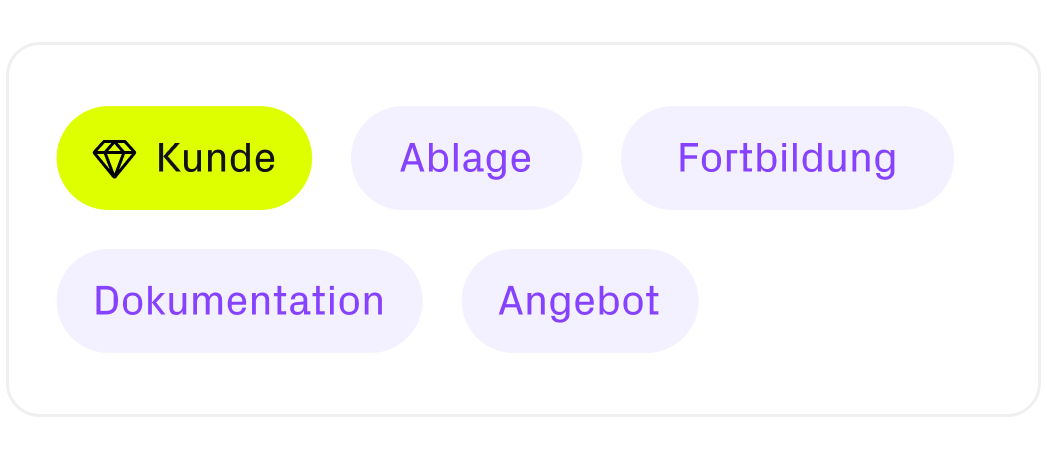 Darstellung verschiedener Tags zu Themen wie Ablage, Fortbildung, Angebot