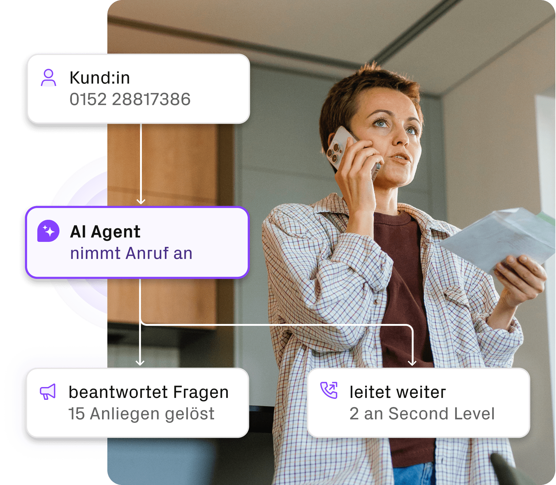 Eine Person telefoniert mit dem Support und hält eine Rechnung in der Hand