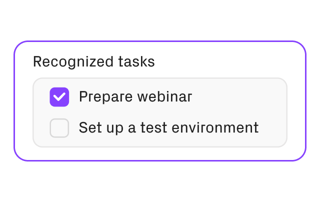 Bild zeigt eine Lisite von erkannten Aufgaben. Listenpunkt "Webinar vorbereiten" ist abgehackt. "Testumgebung konfigurieren muss noch gemacht werden"