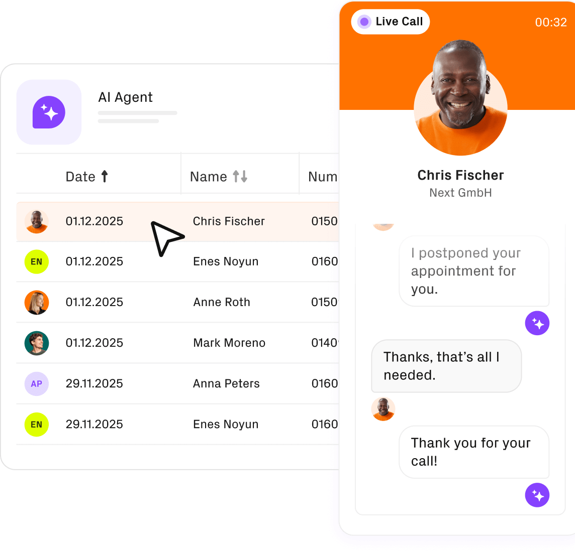 Bild zeigt die alle Live-Ansichten der Agenten und einen laufenden Anruf.