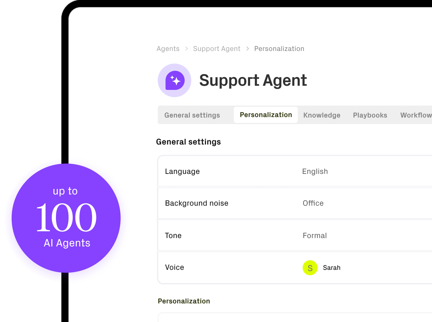 Bild zeigt Interface von der Grundeinstellung des AI-Agenten. Grafischer Hinweis: bis zu 100 AI Agenten.