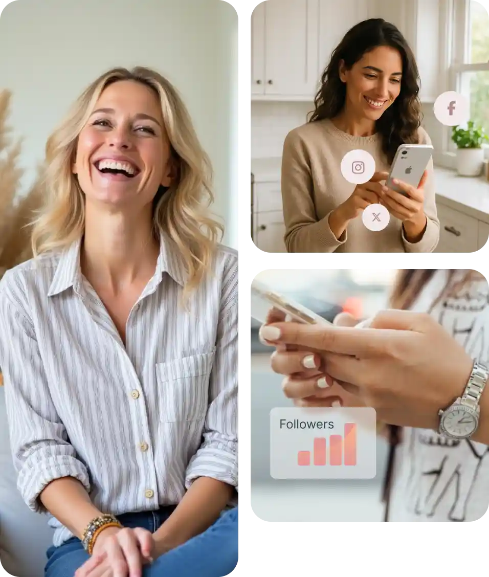 Social Selling Suite homepage showing three women using social media, with text promoting tools for growing a direct sales business through consistent content and strategy. Includes visuals of Instagram, Facebook, and a phone screen with a growing follower chart.