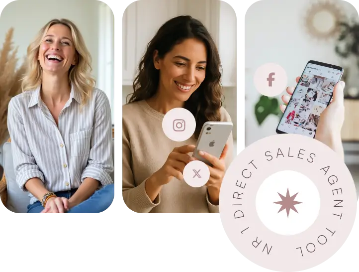 Social Selling Suite homepage showing three women using social media, with text promoting tools for growing a direct sales business through consistent content and strategy. Includes visuals of Instagram, Facebook, and a phone screen with a growing follower chart.