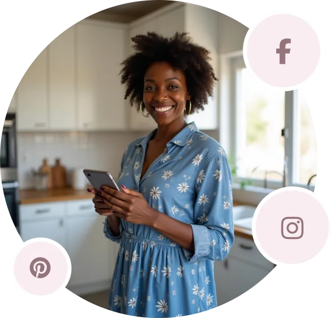 Statistic reading '78% of sales reps using social media outperform those who don’t' next to a smiling woman holding a phone in a kitchen, surrounded by social media icons for Facebook, Instagram, and Pinterest