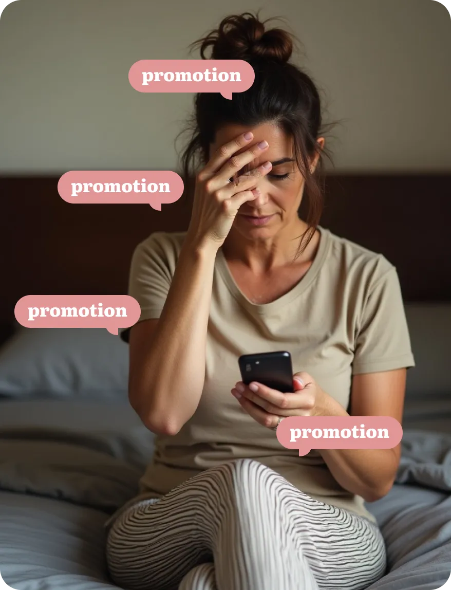Frustrated woman sitting on bed looking at her phone, surrounded by floating speech bubbles labeled 'promotion', illustrating the overwhelm of posting only sales content on social media