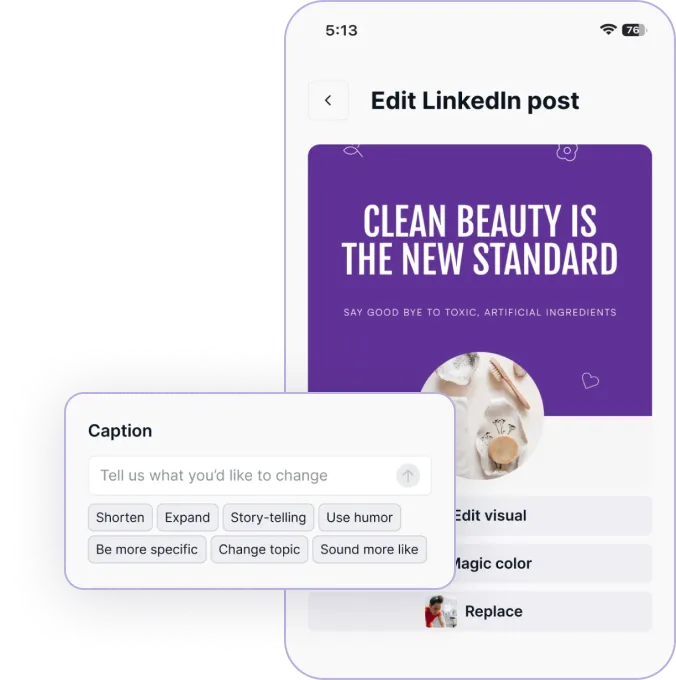 Social Selling Suite editing interface showing a LinkedIn post about clean beauty with AI-powered caption editing options like 'Shorten', 'Expand', 'Use humor', and 'Change topic'