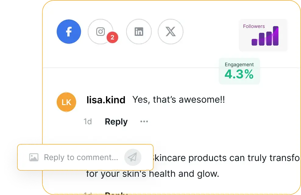 Comment management dashboard from Social Selling Suite showing social icons and a conversation thread with reply options, illustrating easy post and comment management