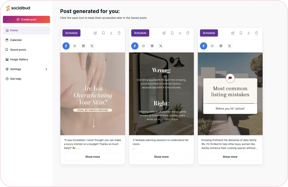 Social Selling Suite content calendar and post generation screen showing automated, ready-to-publish posts tailored to brand and audience